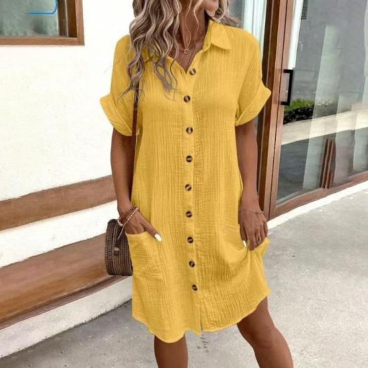 Letnia casualowa sukienka bawełniano-lniana z dekoltem w serek i kieszeniami, z krótkim rękawem, plażowa sukienka letnia, damska, zapinana na guziki