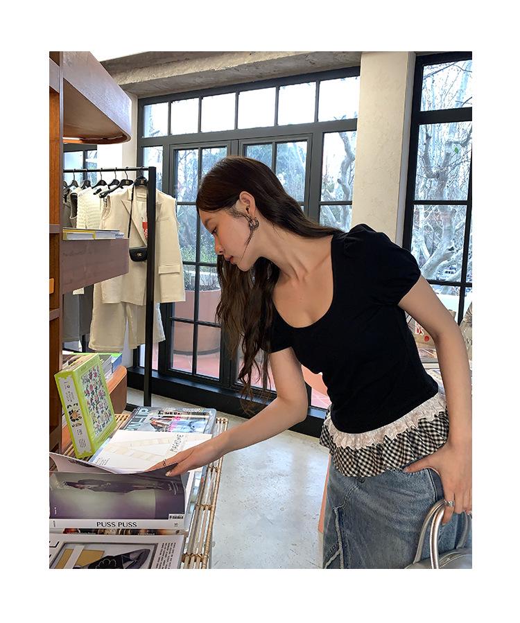 Interpret Beauty Summer 2025 Sweet Lace Trim Slimming Square Neck Short Sleeve T-Shirt S5012