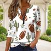 Women Plus Size Half Zip Round Neck Long Sleeve White Football Printed T Shirt