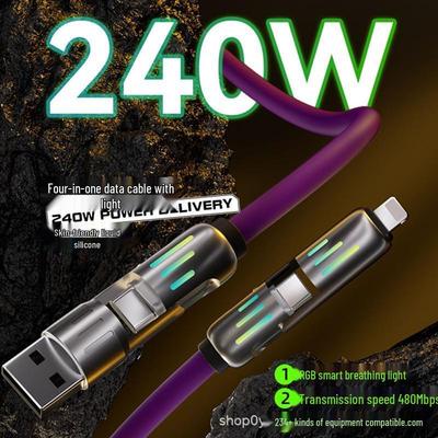 Super Soft Silicone 240W Type-C PD Flash Charge Cable with Aluminum Alloy & Seven-Color Fast Charging Lights