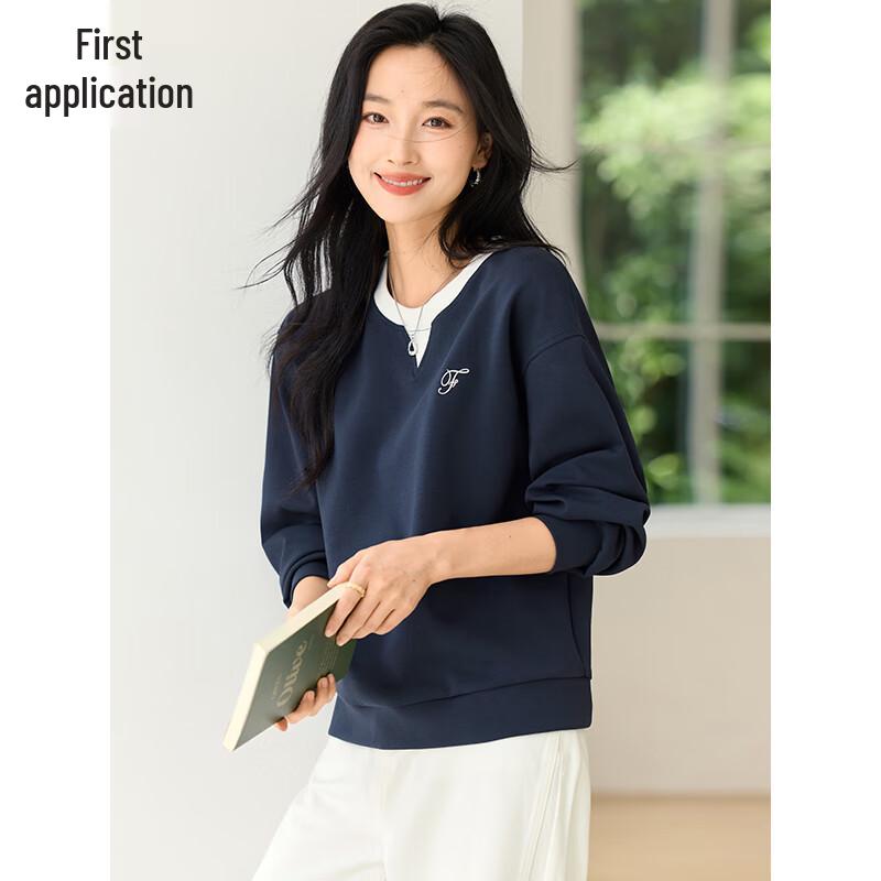 Women s Fashion Spliced Color-Block Fake Two-Piece Sweatshirt XL