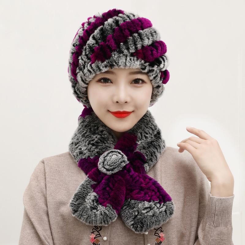 Winter Knitted 100% Natural Fur Hats Scarves Sets Women Warm Real Rex Rabbit Fur Hat Scarf Lady Fashion Thick Rex Rabbit Fur Hat
