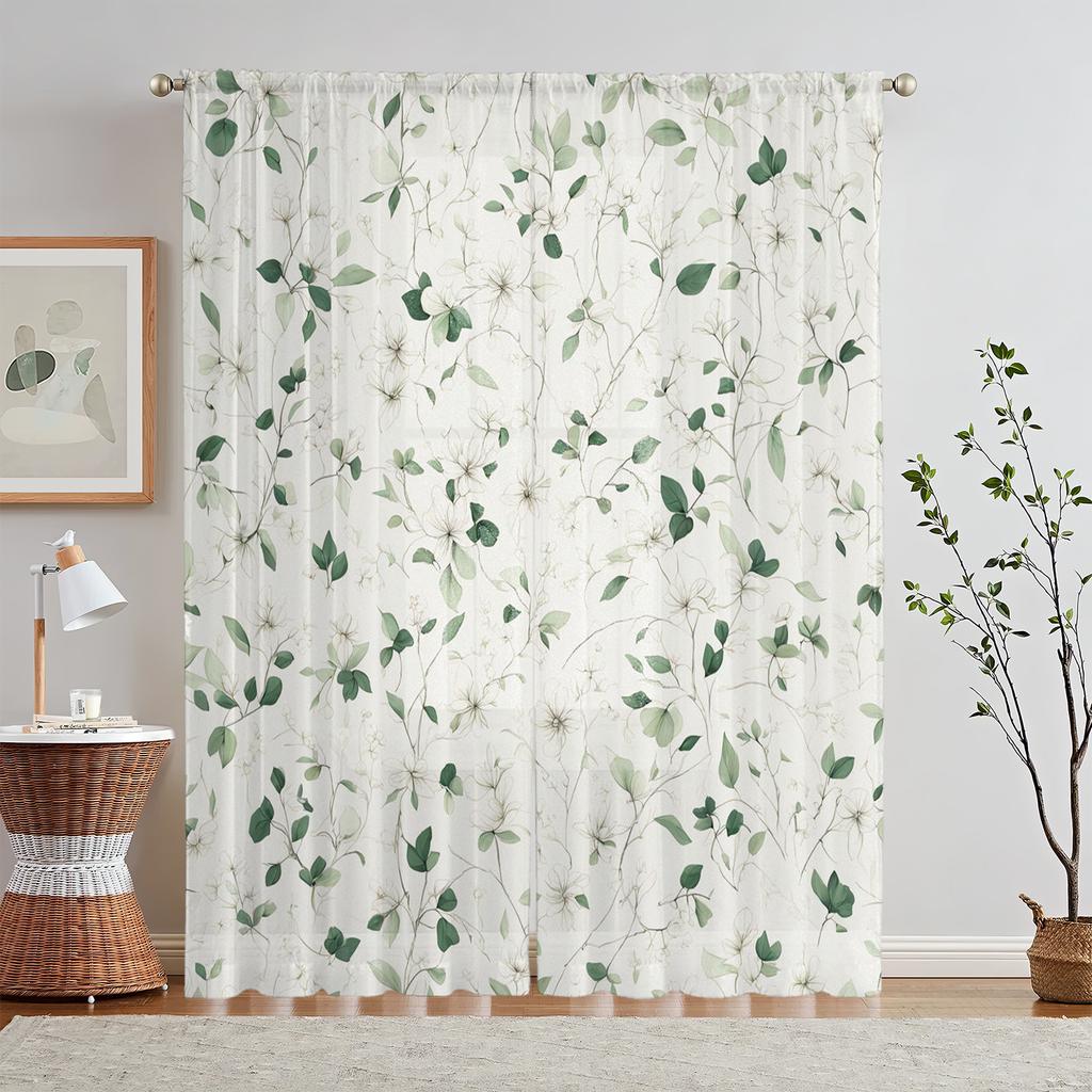 2Pc Green Branches And White Flowers Pattern Curtains, Polyester Fabric, Machine Washable, Suitable For Living Room And Bedroom