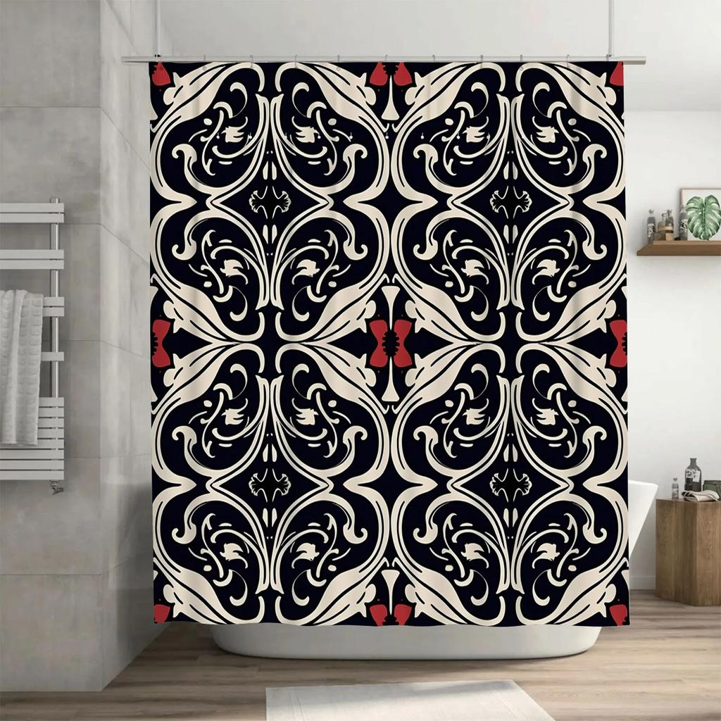 High-Quality Black and White Decorative Shower Curtain with Red Accents Perfect for Bathroom Décor