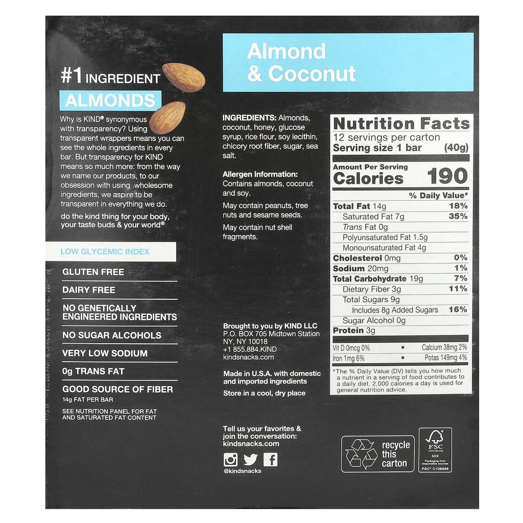 KIND Bars Almond & Coconut, 12 Bars, 40g (1.4oz) Each
