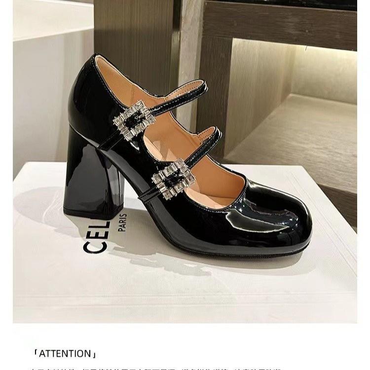 Mary Jane Chunky Heels Women's Square Head High Heels Temperament Line with Rhindiamonds Patent Leather Professional Shoes 8cm