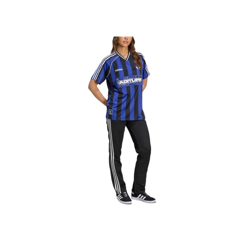 adidas Originale Ss25 Perlen Jersey Lockerer Schnitt V-Ausschnitt Kurzarm Fußballshirt Damen Tops Fluoreszierend-Blau Schwarz KD2274