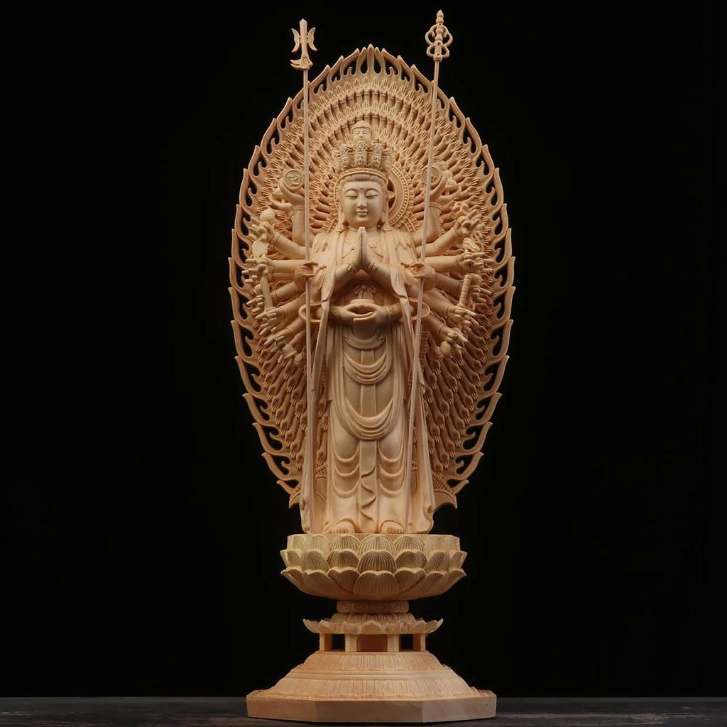 Chinese Large Solid Wood Guanyin Buddha Statue Thousand-Hand Sculpture Home Decor