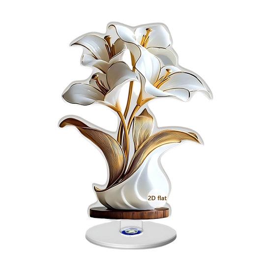 2D Flat Flower Ornament, 360-Degree Rotating Vase Acrylic Ornament with Base, Flower Vase Tabletop Decoration for Home Desk Shelf Decor