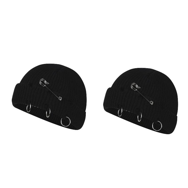Women Girls Y2k Gothic Beanie Winter Knit Hats Trendy Metal Rings Pin Hip Hop Streetwear Harajuku Skull Cap Emo Scene Grunge