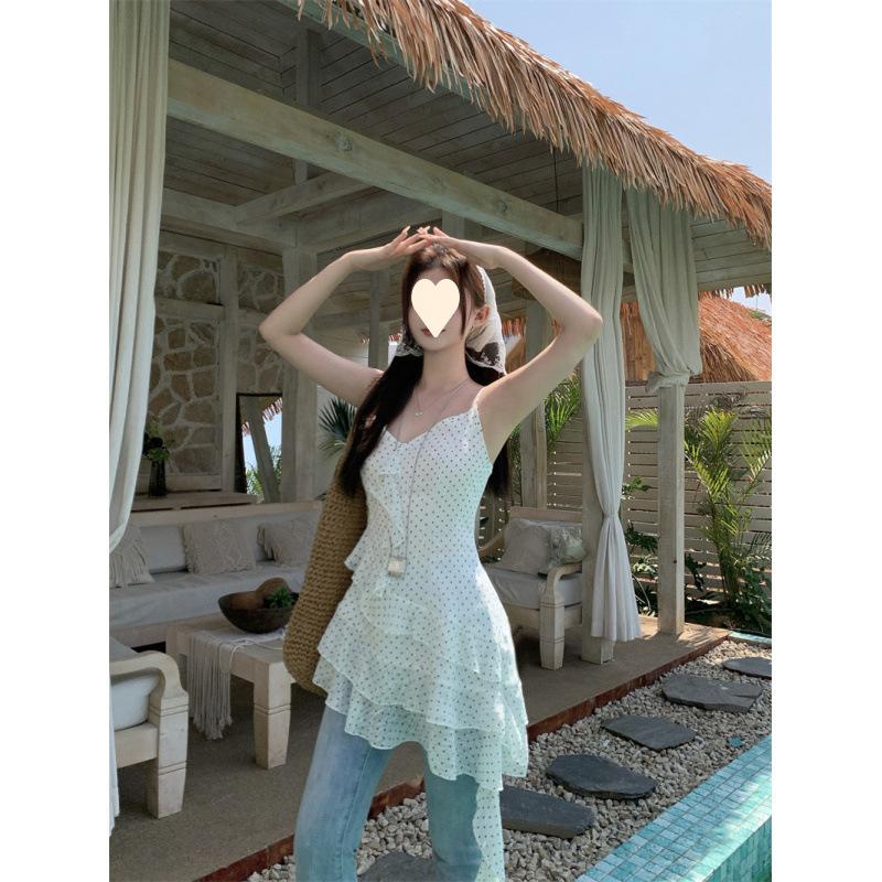 Polka Dot Ruffle Edge Chiffon Suspender Dress Design Sense Waist Thin Irregular Short Skirt