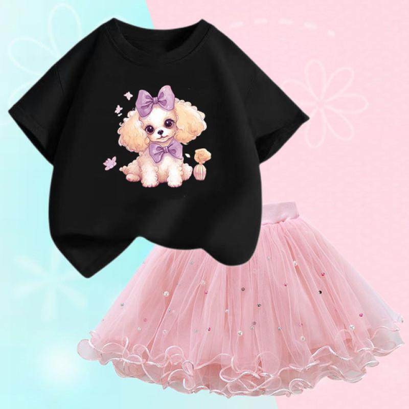 Summer Girls Cute Dog Print T Shirt & Tutu Skirt Two Piece Outfits Party Birthday Christmas Clothes 2-12Y
