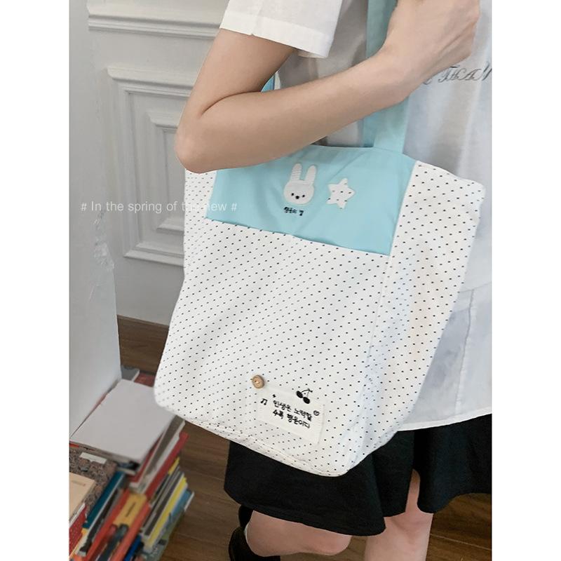 Cartoon Cute Polka Dot Canvas Bag Women 2025 New Fashion College Style Tote Bag Large Capacity Armpit Bag