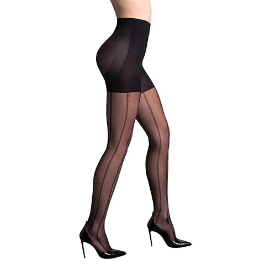 L'Eggs Damen 360 Grad Konturformende Strumpfhose mit Streifenmuster, Transparente Spitze, Formende Panty, Kompression black