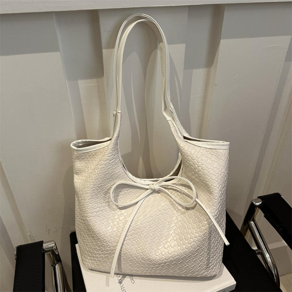 

Pure Color Woven Style Shoulder Bag Handbag Tote Bag Portable Bow Underarm Bag Travel кавовий