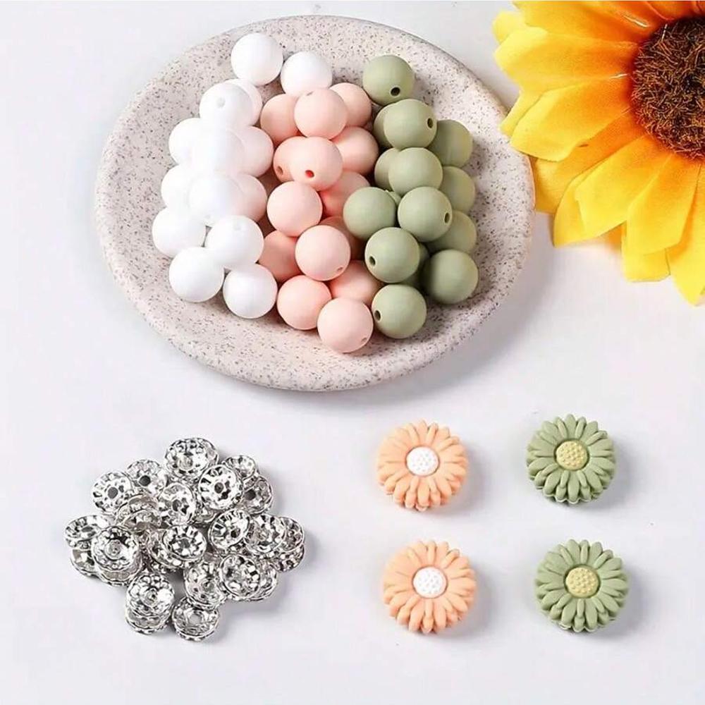 73/79PCS daisy silicone beads, 12/14/15mm round printed silicone beads in bulk, DIY keychain bracelet jewelry making