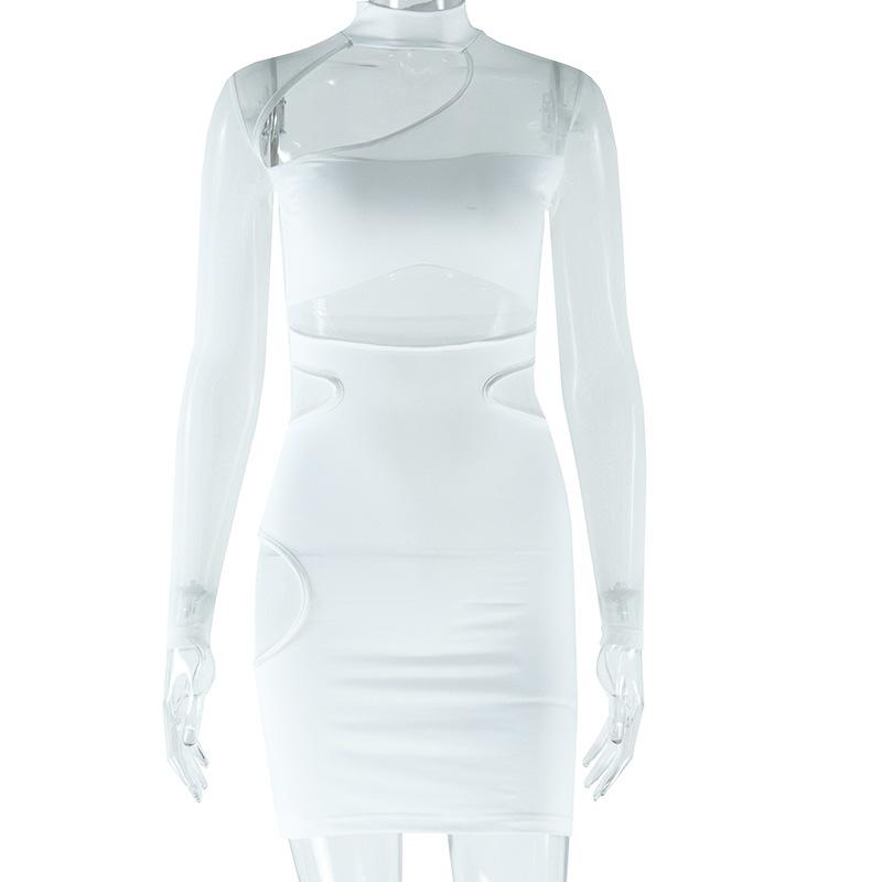 Europäischer und Amerikanischer Stil Modisches Damenkleid in Unifarbe, Sexy Ausschnittkleid, Netzspitze, Hüftbetonender Rock