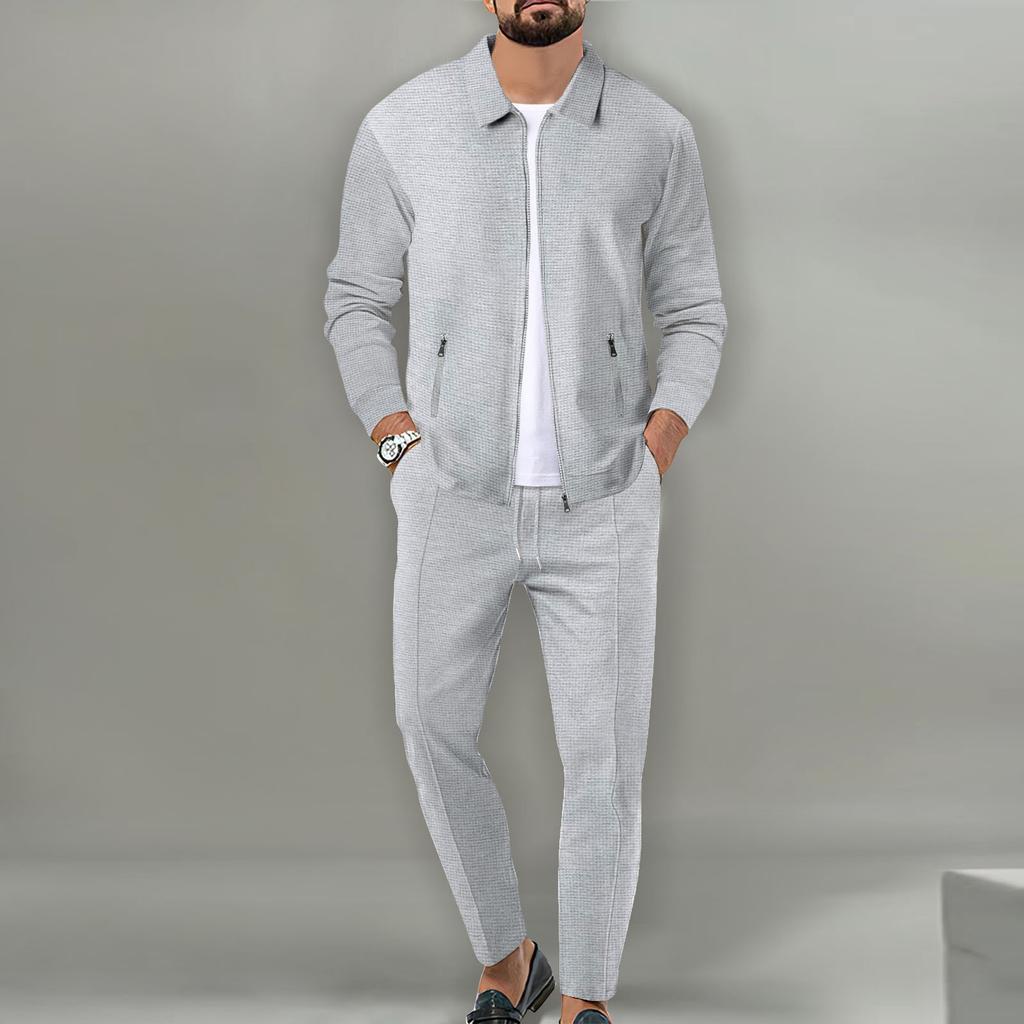 Men's Knit Zipper Pocket Collared Slim-fit Cardigan Jacket Set