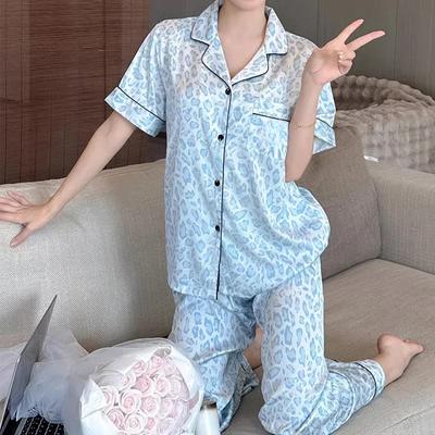 Blue Leopard Women's 3pcs Pajamas Y2k Fashion Female Trendy Sleepwear New Autumn Casual Nightgown