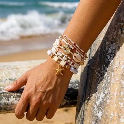 Boho Rice Beads Starfish Pendant Bracelets For Women Summer Ocean Beach Shell Charm Multilayer Bracelet Set