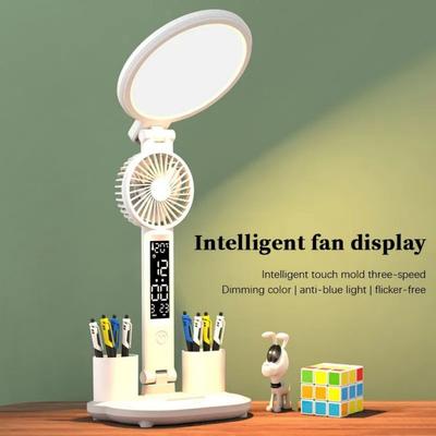 Multifunktions-Tischlampe LED Klappbar Mit Ventilator Kalender Uhr USB Aufladbare Schreibtischlampe 3 Farbige Leselampe
