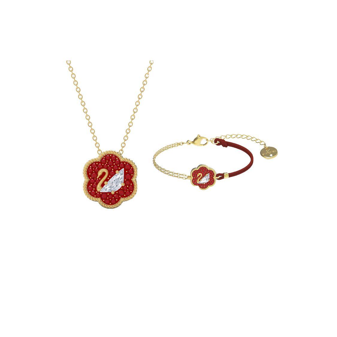 

Swarovski Flower Of Fortune Bracelet And Necklace Set Women jewelry Gold Red ES2020121401 Box+Shopping Bag (Random Color)