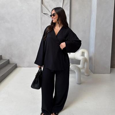 Vintage Women's Trouser Suits Loose V-neck Lace Up Long Sleeve Shirts Wide Leg Pants 2025 Spring Summer 2 Pieces Set Women