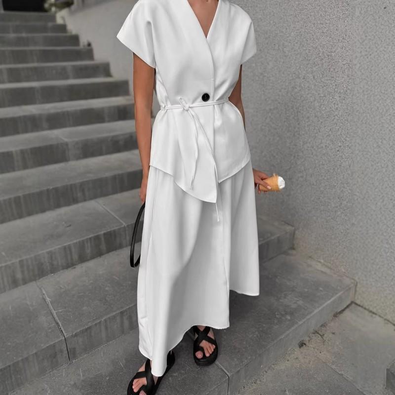 Womens 2-Piece Set V-Neck Sleeveless Top Long Skirt Elegant Blazer Style Dress