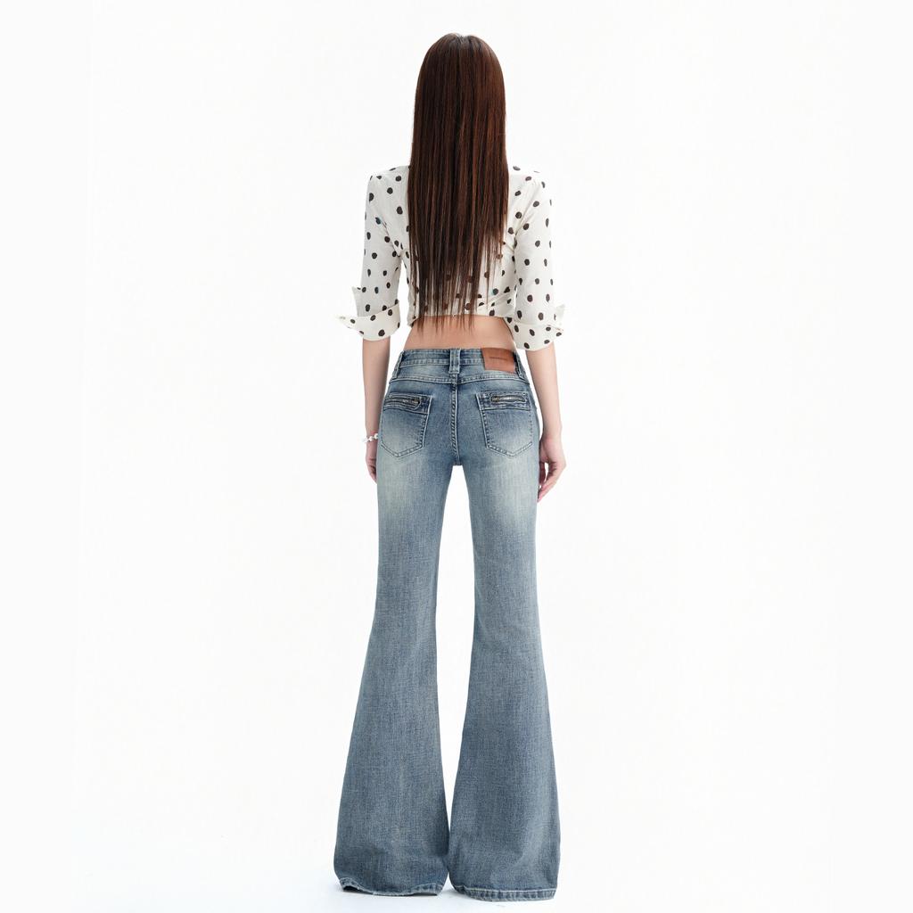 American retro bamboo pattern low waist slightly pulled jeans women's autumn new Spice Girl elastic thin flared pants