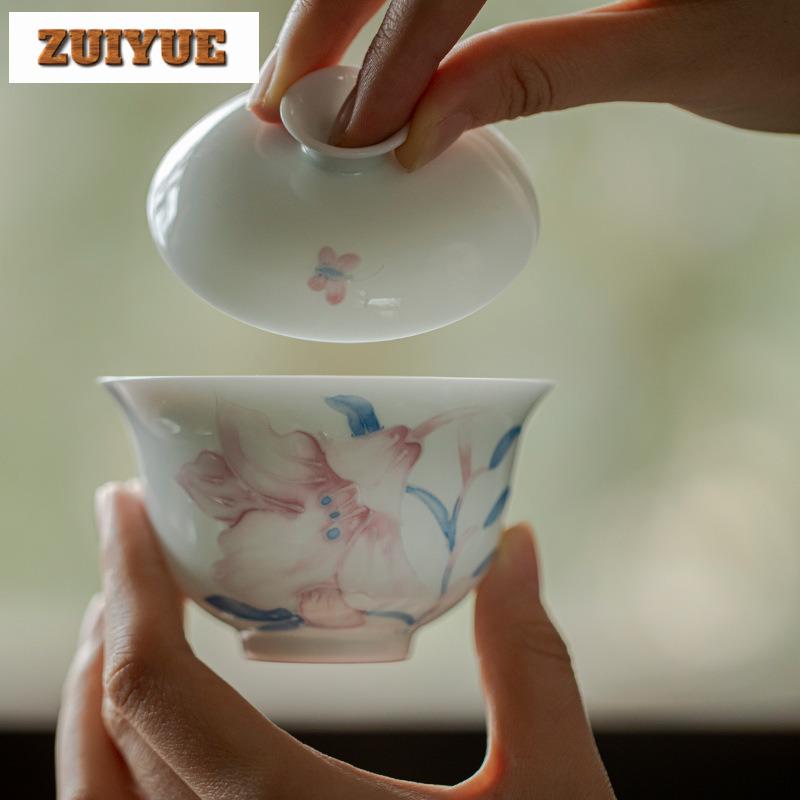 120ml Hand-painted Lily White Porcelain Gaiwan Ancient Tea Tureen Tea Bowl With Lid Kit Tea Maker Cover Bowl Teaset Collection