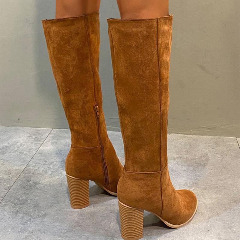 Fashion Retro Zipper Plus Size High Heel Boots Women Autumn Winter Faux Suede Mid-Calf Boots Woman Solid Color Modern Booties Female