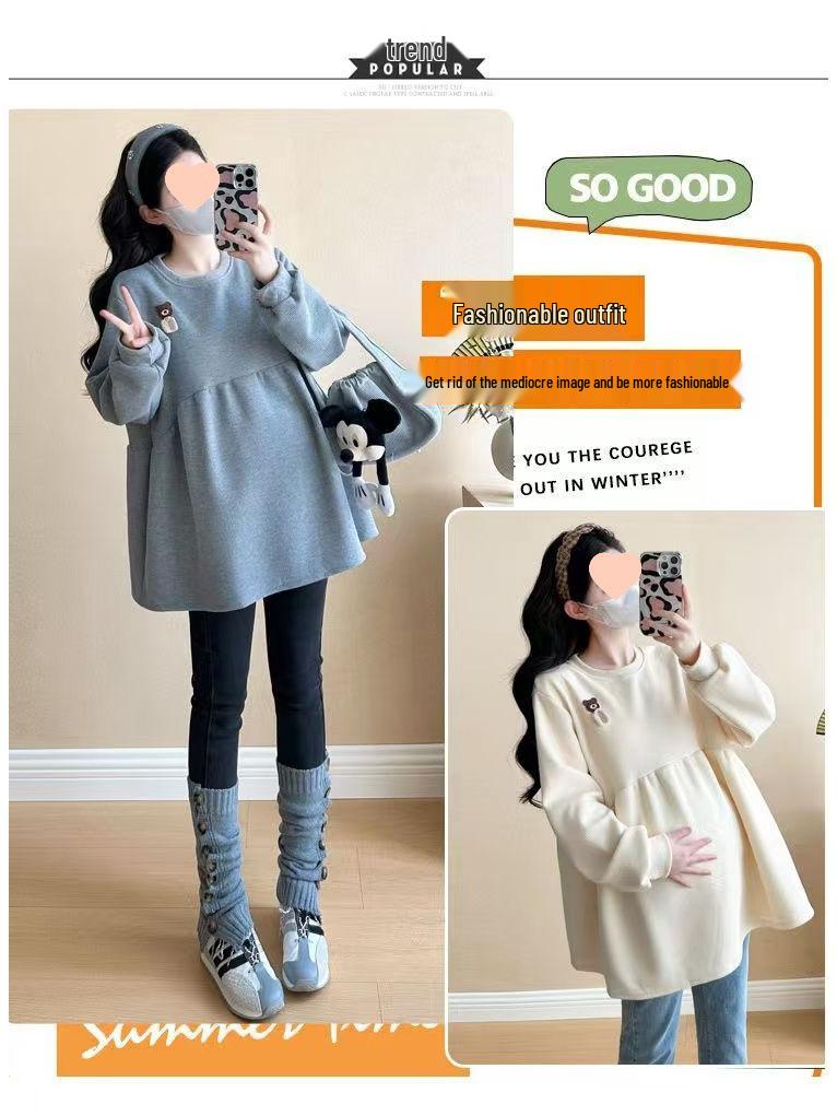 2025 Koreanischer Stil Lockerer Rundhals Fleece Umstandspullover für Herbst/Winter