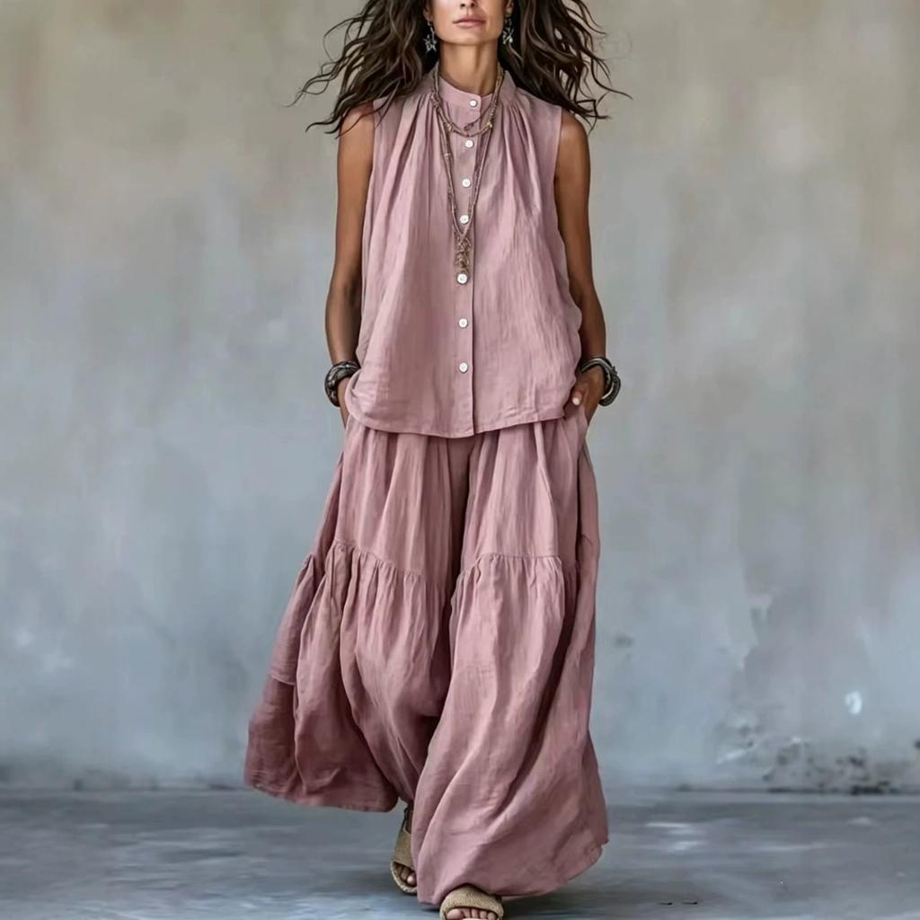 Completo Casual Estivo da Donna a Due Pezzi: Camicetta Senza Maniche con Bottoni e Pantaloni a Gamba Larga
