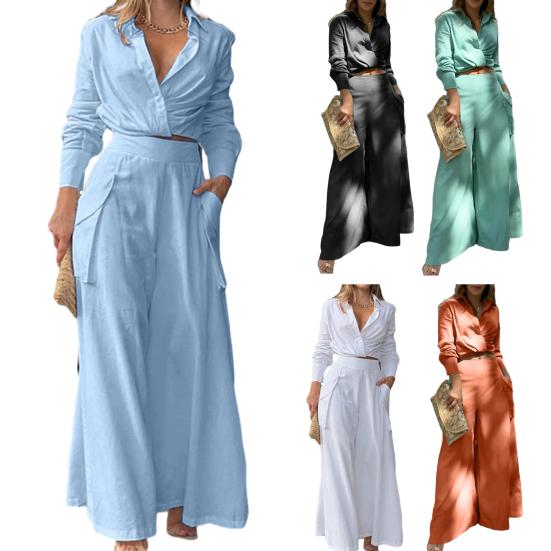 Women's 2 Piece Outfits Casual Long Sleeve Lapel V Neck Crop Shirts Wide Leg Pant Matching Set Fall Spring Travel Lounge Set