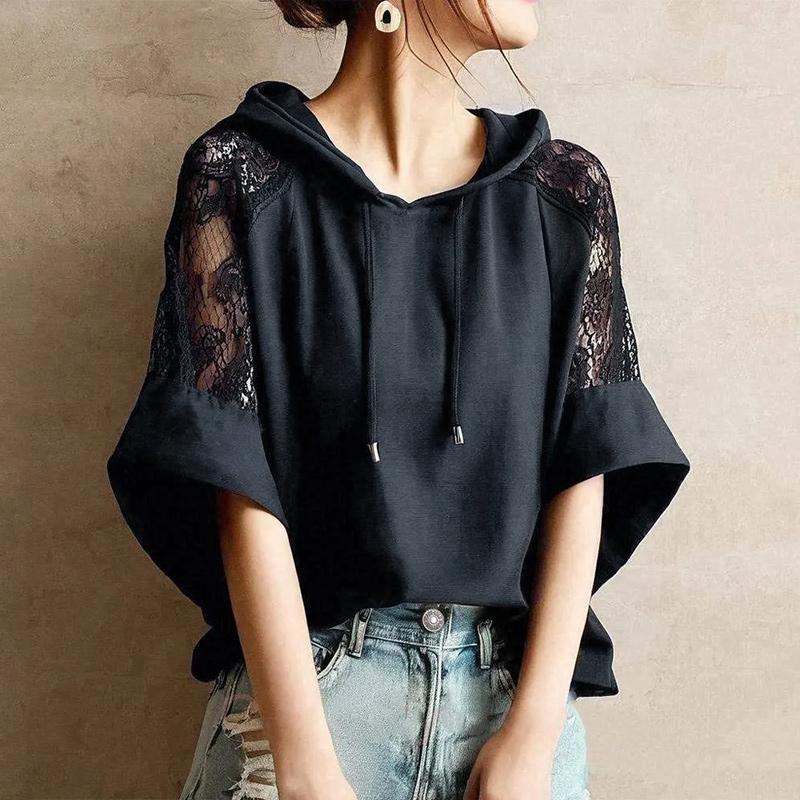 

ZANZEA Women Hooded Collar Loose Casual Lace Splice Half Sleeve Hoodies Blouse 5XL темно-синього кольору