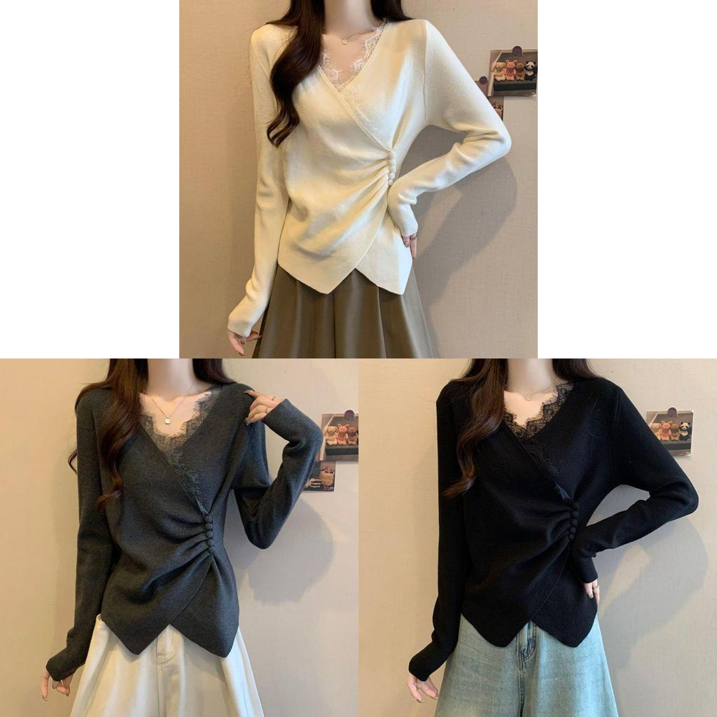 Casual T Shirt For Women With Lace Collage And Deep V Neck In Soft Fabric For Office Wear