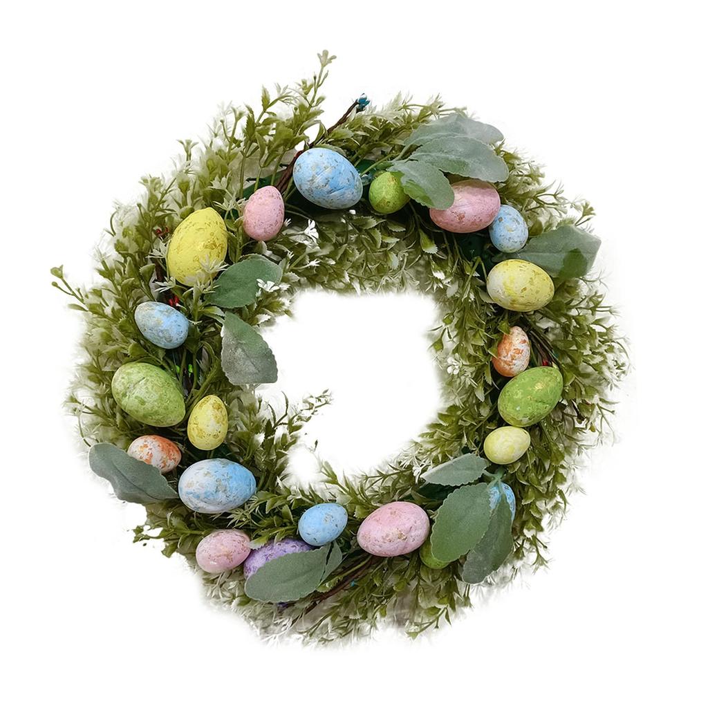 Easter Wreath with Pastel Eggs Front Door Wall Hanging Artificial Green Leaves Garland for Party Holiday Home Garden Decoration