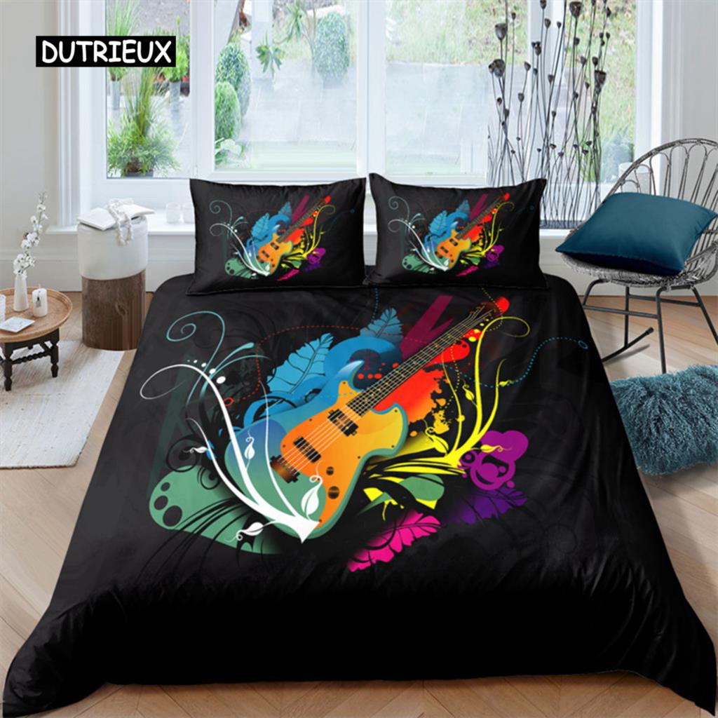Guitar Queen Duvet Cover Rock Music Theme Bedding Set Grunge Color Splashed Brick Wall Background Electronic Guitar Mics Design