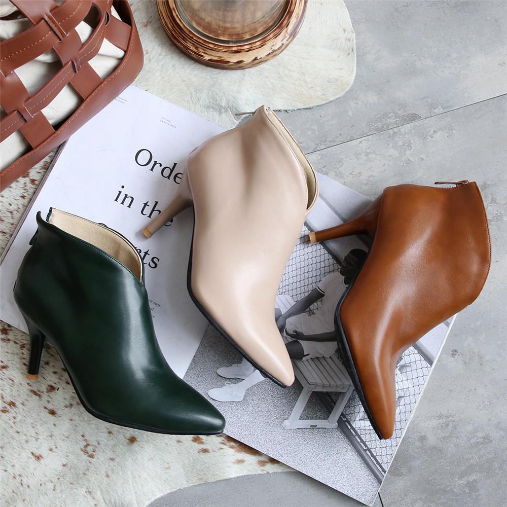 Fashion Women Shoes Fashion Metal Zipper Ankle Boots Ladies Elegant Short Plush Sexy Thin Heels Boats Mujer For Girls Size 32-43 Beige