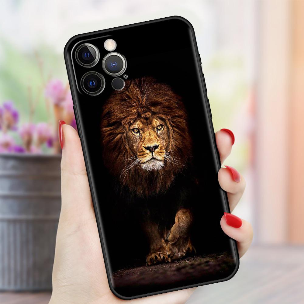 Case For Apple iPhone 13 11 Pro Max 12 Mini XR 7 8 Plus SE 2020 X XS 6 6S 5 5S Black Soft Silicone Cover Big Cat Animal Lion Sac