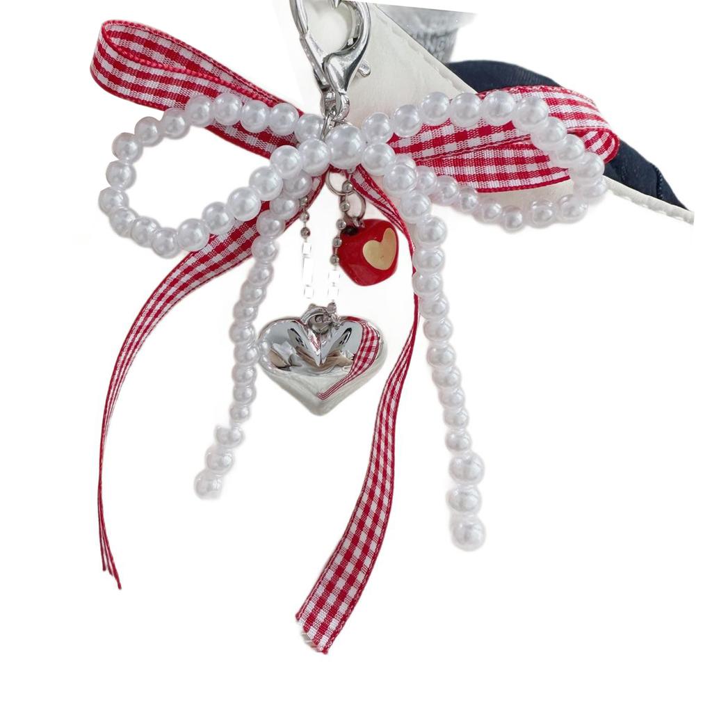 Chic Pearls Beaded Phone Charm Youthful Beaded Bowknot Phone Band with Heart Pendant for Bags Keys and Purses