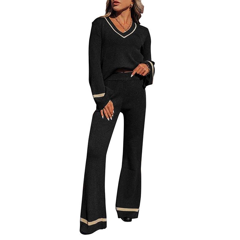 Women's Color Collision Fashion Casual Suit Autumn Winter V-neck Long Sleeve Pullover High Waist Wide Leg Pants Two Pieces Sets