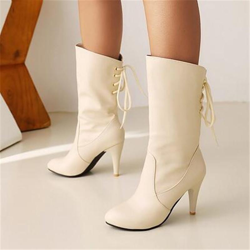 Elegant White Mid-calf Boots Autumn Winter Women Boots Ladies Slip-on Luxury Thin High Heels Party Office Shoes Woman Size 34-43