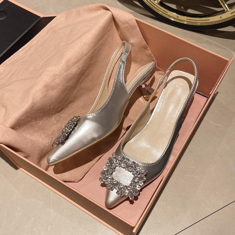 2024 New Women's Shoes Pointed Toe Shallow Nude Pink Diamond Shoes Solid Slingbacks Fashion Women Dress Shoes Party Sandals