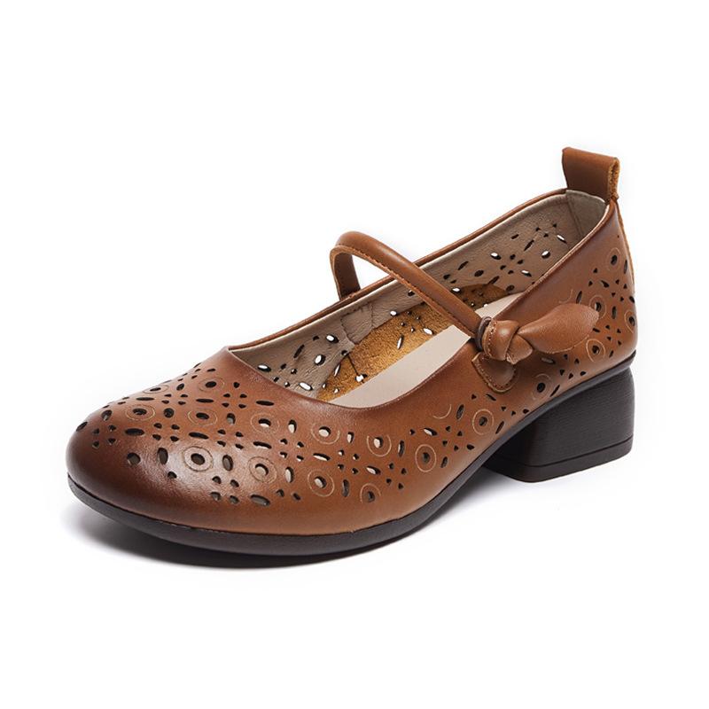 Prawdziwa Skóra Wydrążone Damskie Buty na Wysokim Obcasie Lato Vintage Damskie Czółenka Wygodne Damskie Okrągły Nosek Casualowe Buty na Średnim Obcasie Damskie