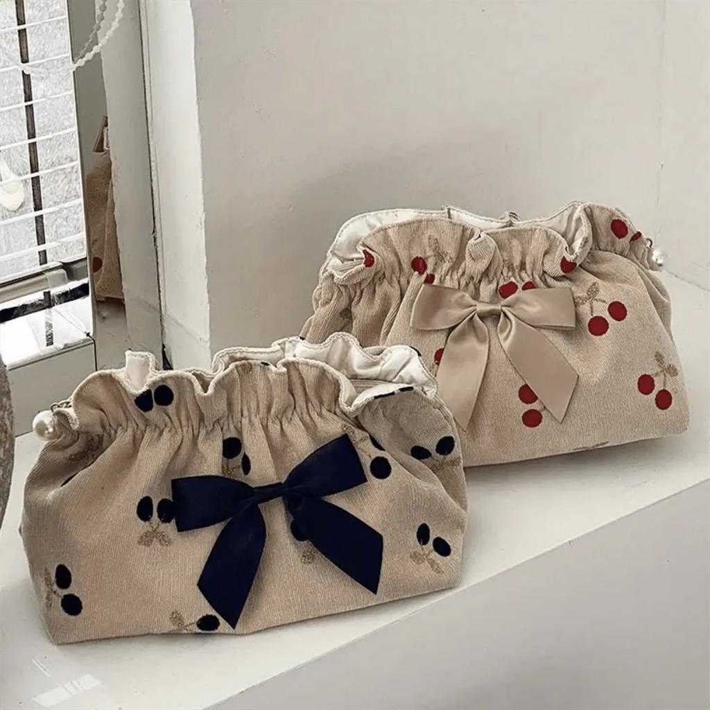 Cherry Print Corduroy Cosmetic Bag - Spacious, Durable & Stylish Travel Makeup Organizer Makeup Storage Bag Gift For Travel Makeup