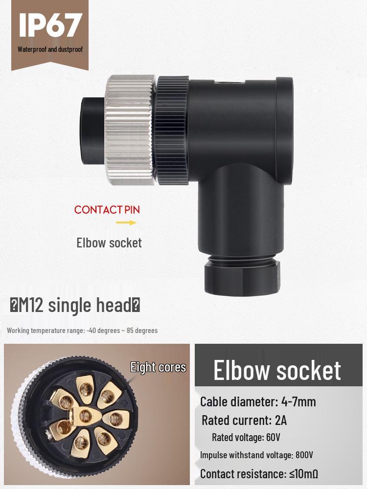 M12 Waterproof Sensor Connector: Male & Female Aviation Plug, 34-Pin, 5-Hole, 8P, Straight & Elbow, Three-Core Socket.