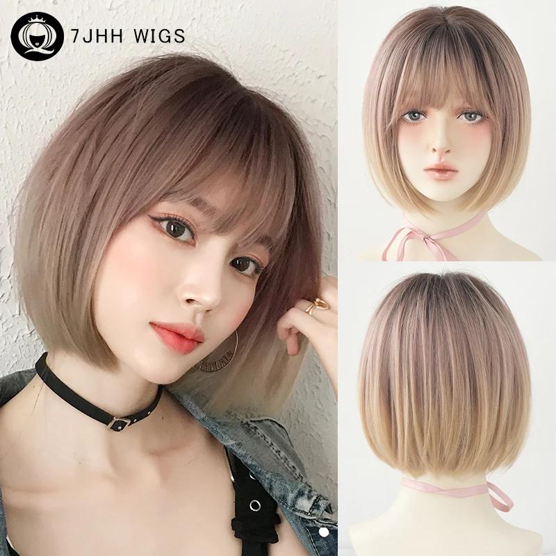 7jhh Wigs Short Straight Chocolate Bob Wig For Women Daily High Density Synthetic Layered Brown Hair Wigs With Neat Bangs