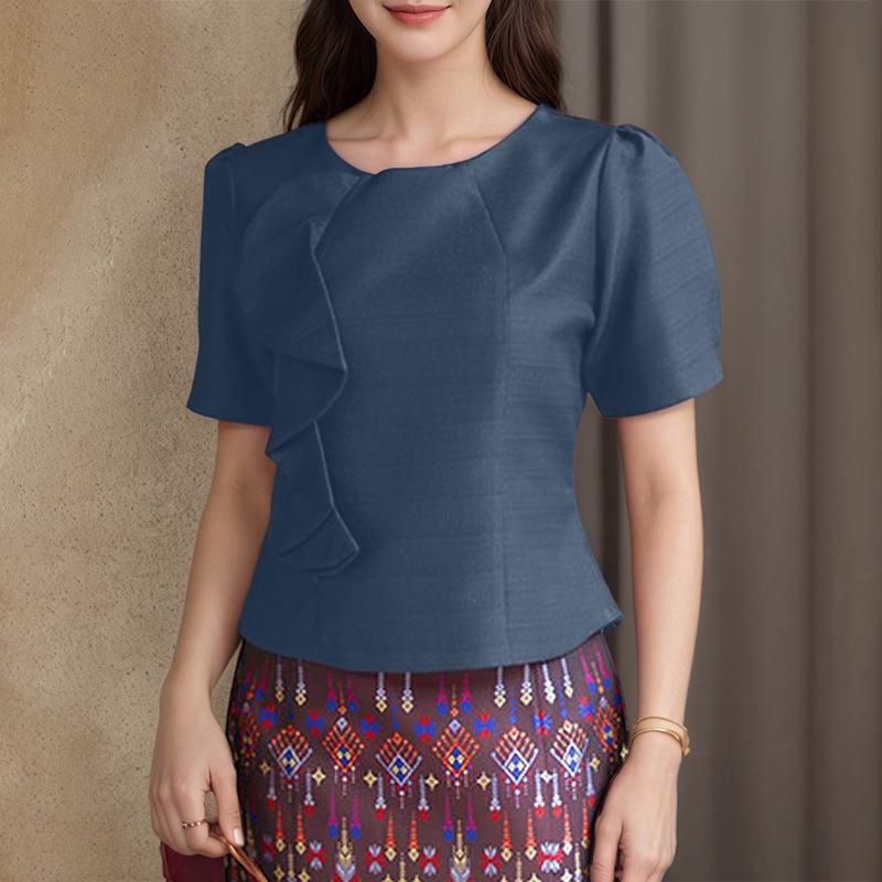 ZANZEA Women Elegant Round Neck Casual Short Sleeve Solid Blouse