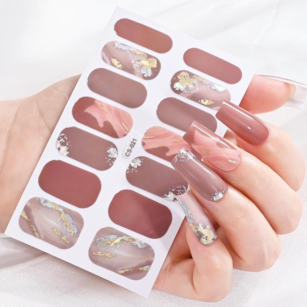 14 Tips/sheet Women Girls Full Cover Self-adhesive Nail Polish Stickers Baking Free Marble, Shell Pattern Nail Wrap Decals Decor